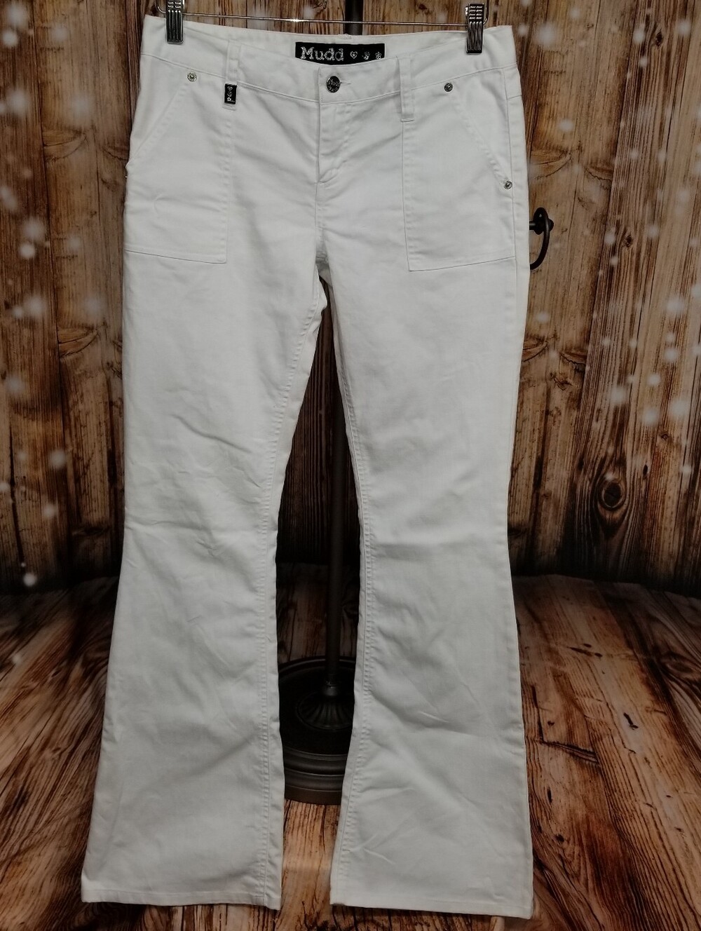 Mudd Vintage Juniors White Low Rise Fitted Flare Leg Pants Size 5 Flat Cargo